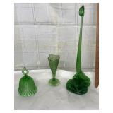 Green glass Fenton bell, green glass vase, and a