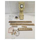 Vtg. Josef Hauser miniature clock, Vtg. Rulers,