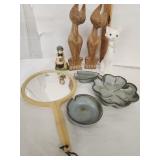 Vtg. Hand mirror,  2 wooden cats , Ceramic Cat,