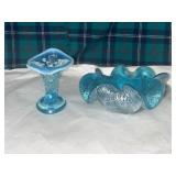 Fenton Blue Opalescent Hobnail Cornucopia Vase.