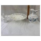 Jeannette milk glass lace bowl, westmoreland