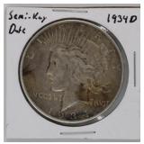 1934-D Peace Silver Dollar, SEMI-KEY DATE, 90%