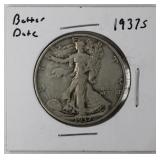 1937-S Walking Lib. Half Dollar, Better Date, 90%