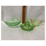 3 Pieces of Uranium Glass, Footed Bowl, Juicer &