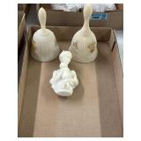 Two Fenton, custard, glass bells and a woman w