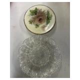 Milk glass handpainted plate and clear glass egg