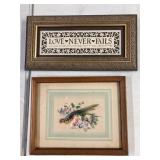 Framed Feather Art, Framed "Love Never Fails"