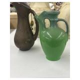 Green potter pitcher and a haegers flower vase
