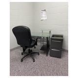 Desk, chair, file cabinet