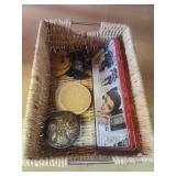 Wicker basket with coasters and Elvis tin