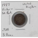 1887 3 Pence Coin Silver UK Coin, 92.5% Silver