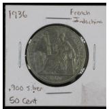 1936 Indochina 50 Cent Coin, 90% Silver