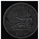 1870 2 Pesetas Spanish Coin, 83.5% Silver