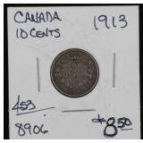 1913 Canadian Dime, 92.5% Silver