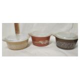 3 Vtg. Pyrex Dishes with lids one is Harvest wheat