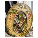 Vtg. Hand-Painted Oval Wood Frame  Stained Glass