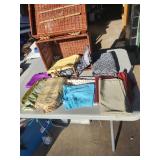 Vtg. Woven Wicker Basket, Fabric Remnants
