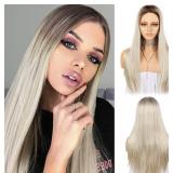 Long Straight Blonde Wigs 20 Inches, Ombre Ash