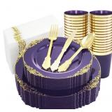 Nervure 175PCS Clear Purple Plastic Plates - Gold