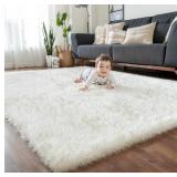 Thick Area Rug 5x8 Cream White Fluffy Shag for