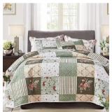 3 Pieces Floral Quilt Set Microfiber Green White