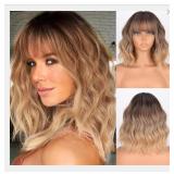 MISSQUEEN Ombre Blonde Wig with Bangs Short Wavy