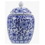 Small ceramic jar, blue and white design, 5"