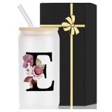 Monogrammed Glass Drinking Cup with Lid Straw