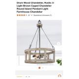 Drum Wood Chandelier, Rustic 3-Light Brown Caged