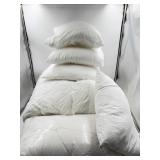 Queen size white comforter, bed pillow, and 4