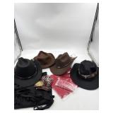 Cowboy hats x 4 with bandanas, vest and belt