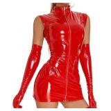Size Medium Women Sexy Tank Leather Dress, Gloves