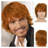 Mens Orange Wig Short Layered Fluffy Natural Wig S