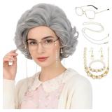 Old Lady Wig Costume Set for Women Short Curly Gra