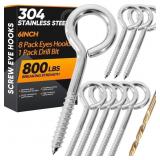 8Pcs 6 Inch Heavy Duty Screw Eyes Hooks, 304 Stain