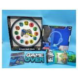 Gamer Gift Lot- clock, gamer lamp, throw blanket,