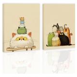 Whimsical Cat Canvas Wall Art Set of 2, Colorful C