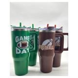 Lot of 4 Football Theme Stainless Steel Tumblers,