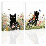 2 Pcs Aesthetic Cat Floral Wall Decor, Black Cat P