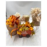Fall decor. , 3 faux flower arrangements and apple
