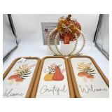 Fall decor lot - 3 wooden hanging signs , table si
