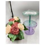 2 make up/vanity tray and 2 faux flower arrangemen