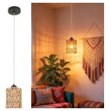 Finktonglan 5.9-Inch Boho Rattan Pendant Light, E2