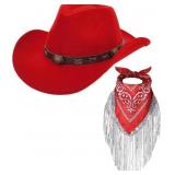 Cowboy Hat with Fringed Bandana Set for Women Wide