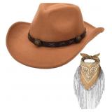 Cowboy Hat with Fringed Bandana Set for Women Wide