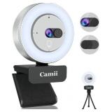 Camii 2K Webcam with Light, HD Webcam for PC with