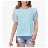 Size 9/10 Girls Summer Mesh Puff Sleeve Top, Cute