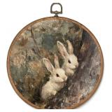 Vintage Round Framed Bunny Wall Art Prints Decor E