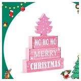 4 Pcs Christmas Wooden Tiered Tray Decor, Pink Mer