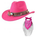 (Red) Cowboy Hat with Fringed Bandana Set for Wome